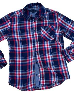 Tommy Hilfiger Boys Navy, Red & White Plaid Button-Down Shirt Sz 12/14 Long Sl